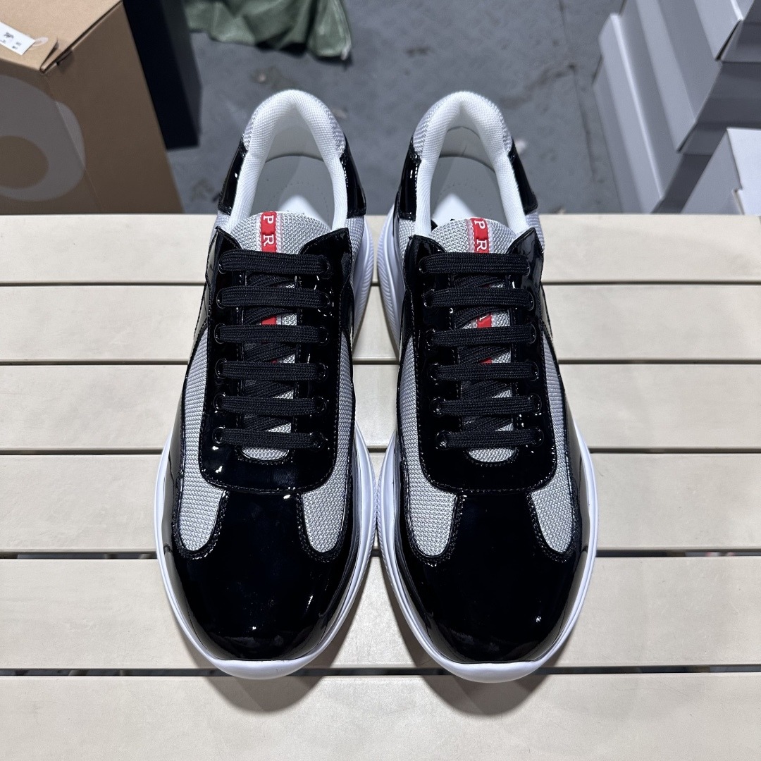 Prada America's Cup Sneaker bright black patent leather gray mesh surface 4e3400‑asz‑f0008