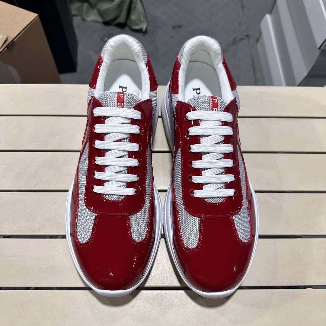 Prada America's Cup Sneaker bright red patent leather gray mesh surface 4e3400‑asz‑f0f5c